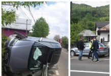 IMPACT VIOLENT: O șoferiță din Borșa a ajuns cu mașina în podeț și s-a răsturnat la Vișeu de Jos (foto/ACTUALIZARE)