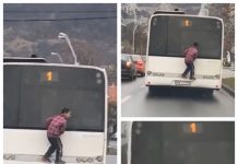 IMAGINI SENZAȚIONALE – Călătoria gratuită a unui puștan prin Baia Mare agățat de un autobuz (foto/video)
