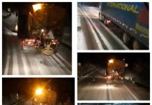 EXCLUSIV FOTO/VIDEO: Ninge abundent în Maramureș: Trafic îngreunat pe DN18 pe Gutâi și Hera. TIR blocat, utilajele de deszăpezire se plimbă dar nu aruncă material antiderapant