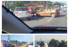 FOTO: Impact între două mașini pe DN18 la Borșa. Motociclist căzut pe carosabil la Buzești