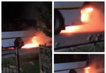 EXCLUSIV VIDEO – PANICĂ: Un autobuz cu muncitori de la Aramis a luat foc în mers la Pribilești