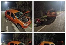 GALERIE FOTO: ȘI-A DISTRUS MAȘINA IZBINDU-SE DE UN PODEȚ LA LEORDINA. POLIȚIA NU A FOST ÎNCĂ ANUNȚATĂ