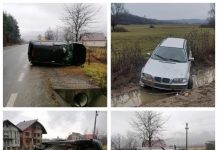 GALERIE FOTO: NU SE MAI TERMINĂ NEBUNIA DE PE ȘOSELELE DIN MARAMUREȘ. Mașină răsturată la Sighet cu șofer beat, alta în decor la Gârdani