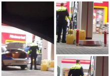 FOTO EXCLUSIV: ÎN TOIUL NOPȚII – Polițist din Sighetu Marmației fotografiat în timp ce umplea mai multe canistre cu combustibil într-o benzinărie din oraș (actualizare)